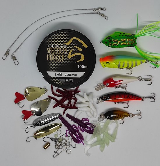 Kunstaas set - 60 delig - Alle type roofvis - 100M vislijn - Pluggen - Spinners - Popper - Crankbait - Snoek - Snoekbaars - Baars
