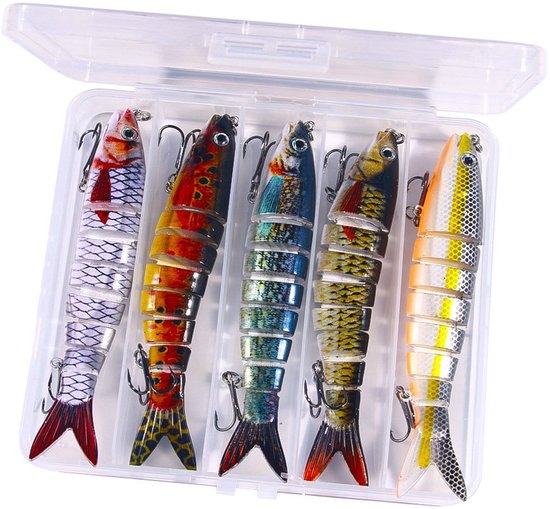 Kunstaas set met opbergdoos - Meergewrichtig snoekaas - Multi Jointed Swimbait - Pluggen met haak - Kunstaas - Jerkbaits - Crankbaits - Rubberen vis - Visaas - Zacht Kunstaas - Alle type roofvis - Visaas Zeevissen Set - 5 Stuks 13.4CM - Set A van Merkloos