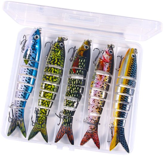 Kunstaas set met opbergdoos - Meergewrichtig snoekaas - Multi Jointed Swimbait - Pluggen met haak - Kunstaas - Jerkbaits - Crankbaits - Rubberen vis - Visaas - Zacht Kunstaas - Alle type roofvis - Visaas Zeevissen Set - 5 Stuks 13.4CM - Set B van Merkloos