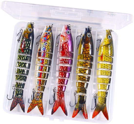 Kunstaas set met opbergdoos - Meergewrichtig snoekaas - Multi Jointed Swimbait - Pluggen met haak - Kunstaas - Jerkbaits - Crankbaits - Rubberen vis - Visaas - Zacht Kunstaas - Alle type roofvis - Visaas Zeevissen Set - 5 Stuks 13.4CM - Set C van Merkloos