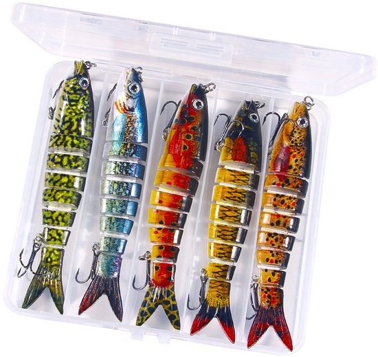 Kunstaas set met opbergdoos - Meergewrichtig snoekaas - Multi Jointed Swimbait - Pluggen met haak - Kunstaas - Jerkbaits - Crankbaits - Rubberen vis - Visaas - Zacht Kunstaas - Alle type roofvis - Visaas Zeevissen Set - 5 Stuks 13.4CM - Set D van Smart Planet