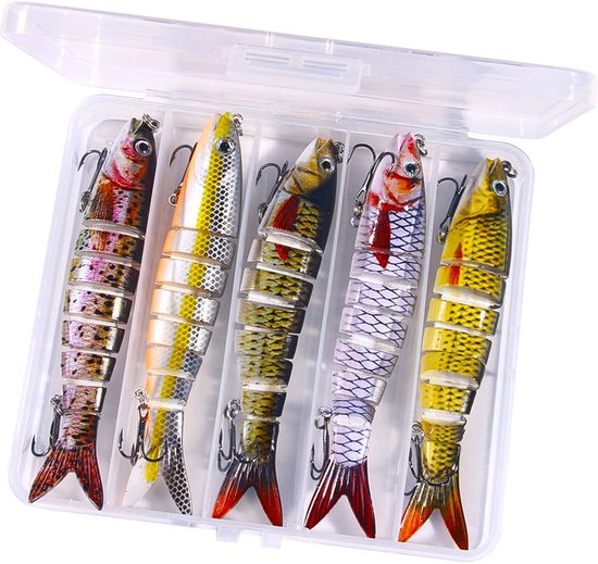 Kunstaas set met opbergdoos - Meergewrichtig snoekaas - Multi Jointed Swimbait - Pluggen met haak - Kunstaas - Jerkbaits - Crankbaits - Rubberen vis - Visaas - Zacht Kunstaas - Alle type roofvis - Visaas Zeevissen Set - 5 Stuks 13.4CM - Set F van Merkloos