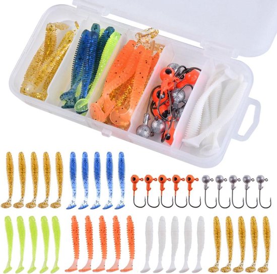 Kunstaas Set - Visspullen Hengelsport - Roofvis Vissen - Inclusief Kunstaas Box - 40 Stuks - Oranje Blauw Groen Wit Geel