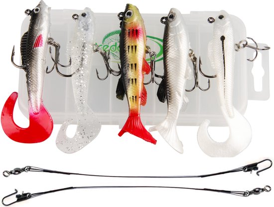 Kunstaas Softbait Set met Stalen Onderlijnen - 8-delig - 8/10cm - Roofvissen - Pluggen & Shads voor Snoek, Baars & Snoekbaars van Spro