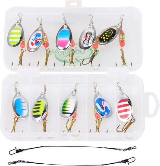 Kunstaas Spinner Set 'Natural' met stalen onderlijnen - 13-delig - Blinker set - Snoek, Forel & Baars vissen - Spinners Hengelsport - Kunstaas Roofvissen van Merkloos