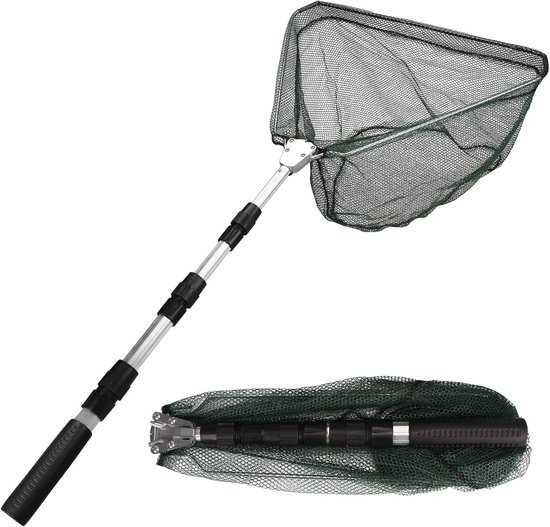 KZQ Telescopisch visnet van 130 cm – Inklapbaar schepnet (4 delen) – Antisliphandgreep – Geschikt voor vijver- en karpervissen – Visaccessoire voor buiten – Groen