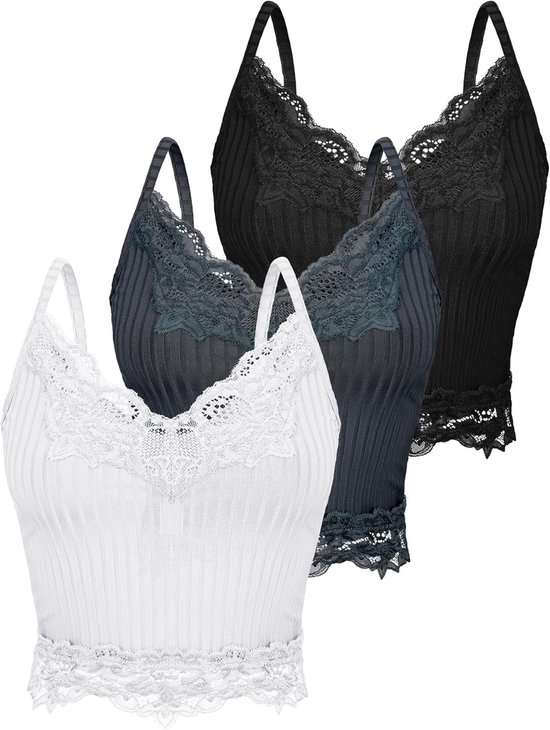 Lace Camisole Crop Tops voor Dames in Grunge Stijl - 3 Stuks Ribbelbrei en Patchwork Design