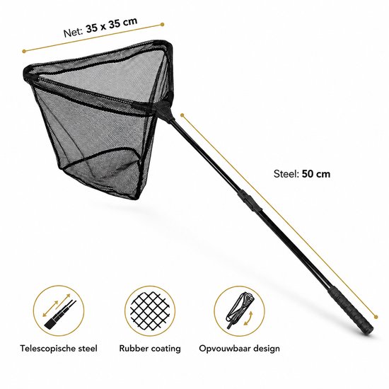 Landingsnet Telescopisch – Opvouwbaar Schepnet 35 x 35 cm – Rubber Coating – Zwart