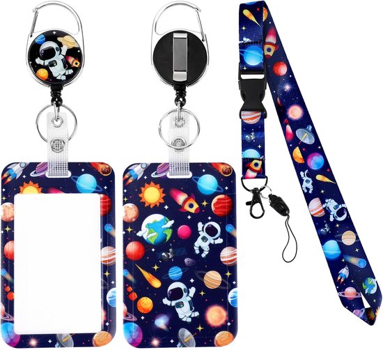 Lanyard met Kaarthouder en Retractable Badge Reel, Ideaal voor ID-Badge, Sleutels en Kinderen, Ruimte Thema met Astronauten en Planeten voor Vrouwen en Verpleegkundigen