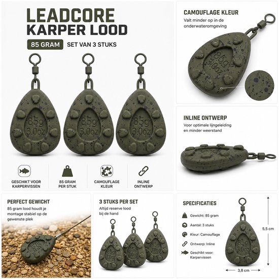 Leadcore Karper Lood - Karperlood - 85 Gram - Camouflage - Set van 3 Stuks