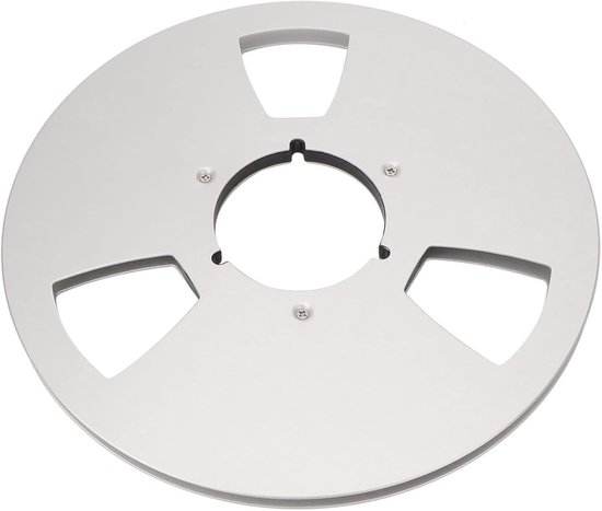 Lege 1/4 inch tape spoel met drie gaten, aluminium accessoire voor tape recorders en opnameapparatuur.