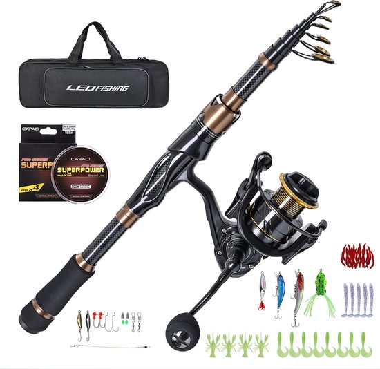 LEO Vishengel set - Telescoophengel - Hengel - Werphengel 2,1m - Visset - Cadeau - Werpmolen - Slip voorop - Kogellagers 14 - Gear-ratio 5.5:1 - 100 meter Vislijn - Vis accessoires set - Visdoos - Beginners van Merkloos