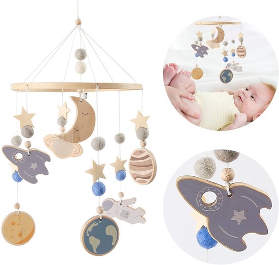 Let's make Astronaut houten babymobiel, rustgevende bedklokje voor baby, kinderkamer en ledikant rammelaar decoratie, pasgeboren cadeau (Astronaut)
