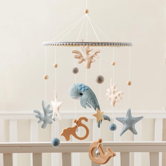 let's make Mobiele baby voor babybed en aankleedtafel, cadeau voor pasgeborenen, walvis, houten windgong, babykamerdecoratie (blauwe walvis)