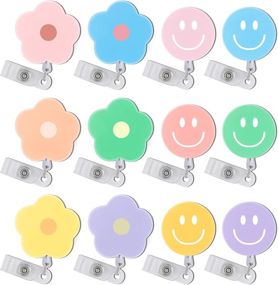 Leuke Bloem en Glimlach ID Badge Houder met Clip - 12 Stuks Retractable Badge Reel voor Ziekenhuis, Kantoor en School