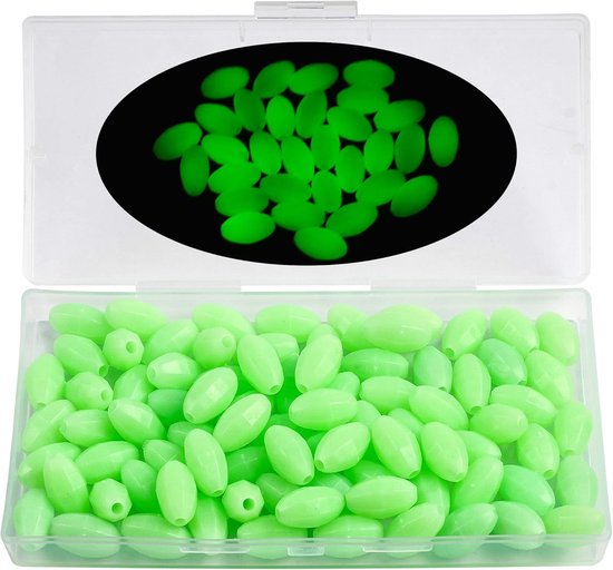 Lichtgevende Viskralen - Glow-In-The-Dark Kralen Voor Diepzeevissen - Hoge Zichtbaarheid In Donker Water - Ovale Vorm Beschermt Vislijn En Dobber - 10x18mm Kunststof Groen En Wit - Set Van 100 Stuks - Geschikt Voor Zalm Meerval En Roofvis Montage van Merkloos