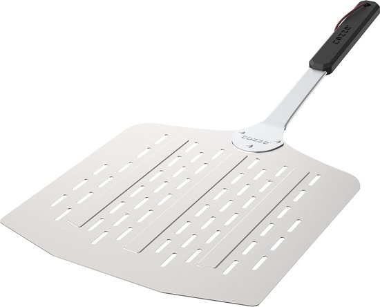 Lichtgewicht geperforeerde pizzaschep 66 cm – 30x30 cm aluminium blad (1,5 mm) – softgrip handgreep (RVS/kunststof) – minder verbrande bloem – leren ophanglus – LFGB voedselveilig