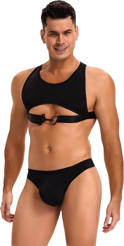 Lingerie set ijszijde Sissy Gay ondergoed mannen tanktop bovendeel met elastische band slip tanga ademend comfortabel sexy sexy lingerie zwart grote maten S-XL