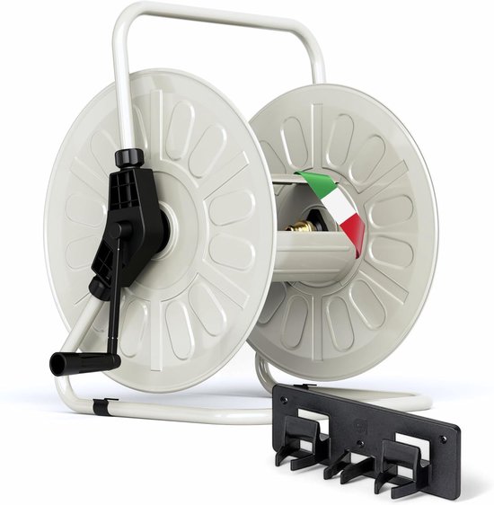 LIVLIG slanghaspel van metaal, gepoedercoate tuinslangtrommel, Made in Italy, slanghouder tot 50 m tuinslang, wandmontage en vloerbediening, greige