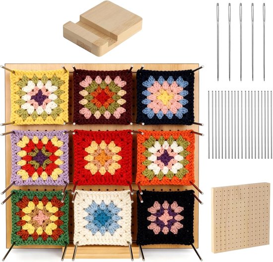 Locking Board voor Granny Square Tensioner - 20 x 20 cm Blokbord met Haakaccessoires, 20 Stalen Stangen en 5 Oognaalden voor Haken en Breien