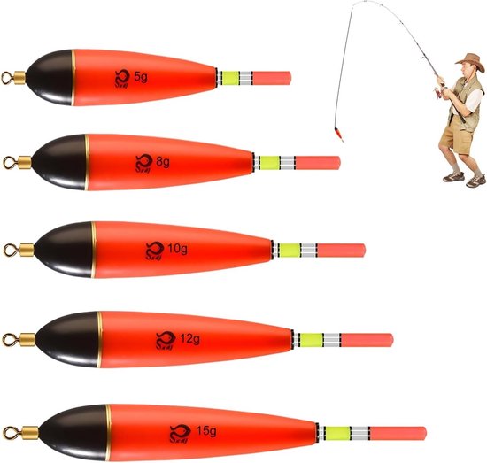 Luminous Plastic Vissen Floats Set van 5 voor Snoek, Baars en Karper - 5g, 8g, 10g, 12g, 15g, Perfect voor Nachtvissen en Sportvisserij