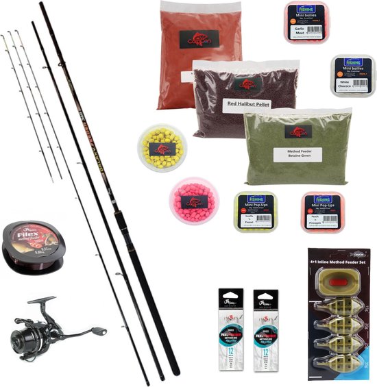 Luxe Method Feeder Hengelset - Compleet met Feederhengel, Molen, Vislijn, Aas, Voer en Accessoires! - 26-delige Visset van Merkloos