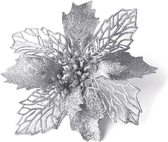 lyrlody 10 -stks Kerst Glitter Poinsettia Bloemen Xmas Decor Vakantiedecoratie Herbruikbare Kunstmatige Bloemen voor Boommuurdeur met 6 Kleuren 4,33 Inches (SILVER)