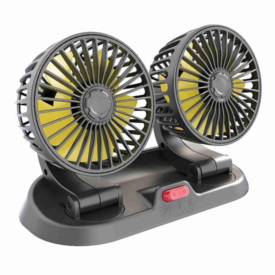 lyrlody Autokoelventilator, Verstelbare Multifunctionele Luchtcirculator met Dubbele Kop voor Voertuigen, 360 Graden Rotatie voor - en Achterstoelen (12V-type)