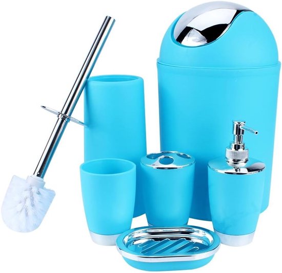 lyrlody Badkameraccessoires Set, 6 Stuks, Blauw, Tandenborstelhouder, Zeepdispenser, Tandenborstelbeker, WC-borstel