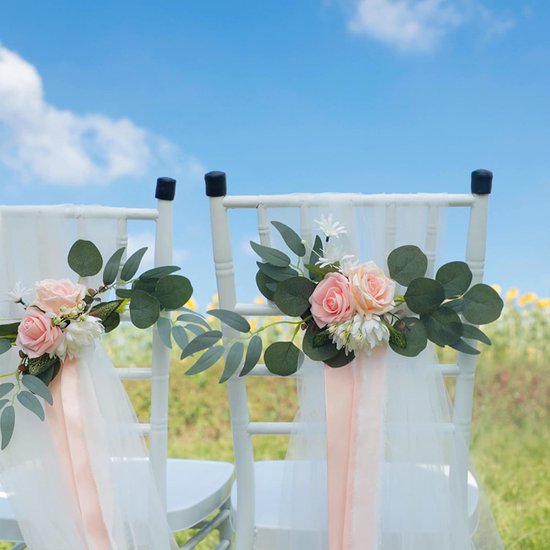 lyrlody Bruiloft Stoeldecoratie met Kunstmatige Rozen en Lang Lint, Blauw, voor Bruiloften en Feesten