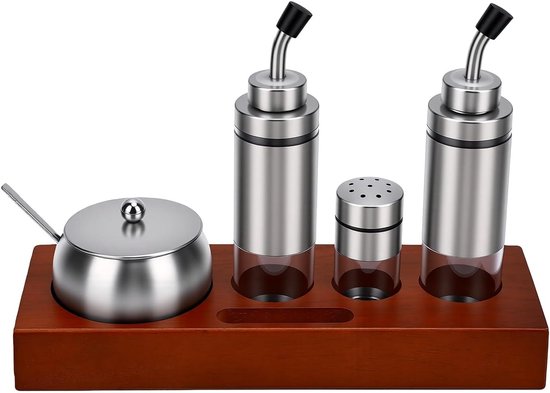 lyrlody Kruidenfles Roestvrijstalen Set, 304 Roestvrijstalen Kruidendispenser met Eikenhouten Basis, Luchtdichte Opslag, Gemakkelijk Schoon Te Maken, 31 X 10 X 4 Cm voor Keukeneettafel