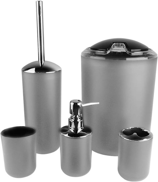Lyrlody Wit/Zwart/Grijs Badkamerset WC-Set Zeepdispenser Zeepbakje Tandenborstelhouder Tandenborstelbeker Toiletborstel Vuilnisbak voor badkamer, huis of hotel, 6 stuks (grijs)