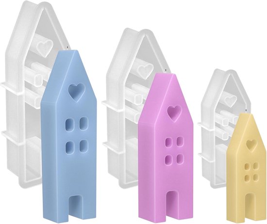 Mal kandelaarset, siliconen vorm huis met venster, kaarsenhouder, epoxyhars, huis, siliconen vorm, kaarsvormen voor sojawas, kaarsen, zeep, gips, handwerk (3 stuks)