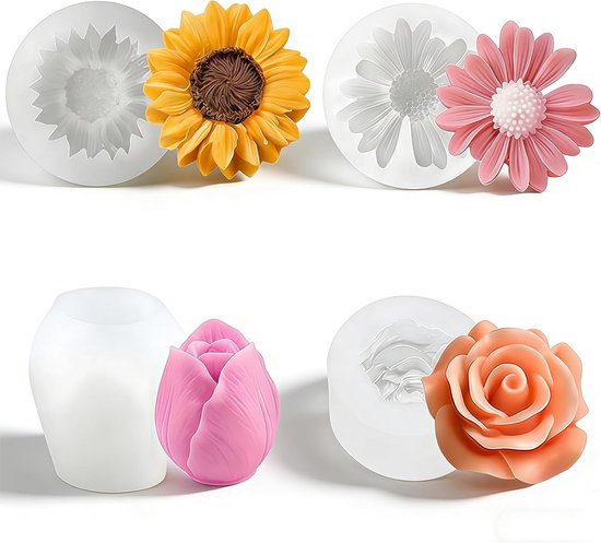 Mallen bloemen – 3D gietvormen voor rozen, zonnebloemen, anjers & tulpen, flexibele siliconen kaarsvormen voor DIY kaarsen, zeep, chocolade en hars