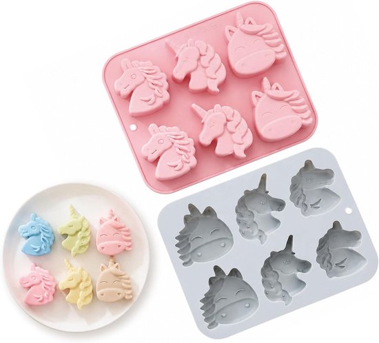 Mallen Eenhoorn – 6-delige set chocoladevormen in roze & grijs, DIY-bakvorm voor taart, zeep & ijsblokjes