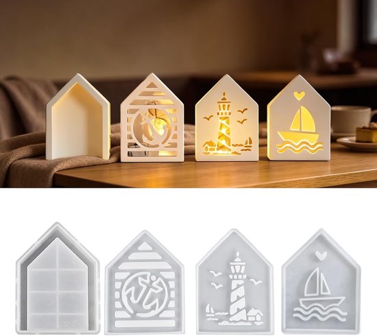 Mallen Huis, Vuurtoren & Anker, Gietmallen Zomer Decoratie | 4 Flexibele Mallen met Gladde Binnenkant voor Makkelijk Ontmolden. Met anker, Herbruikbaar. Voor Hars, Zeep, Kaarsen en Gips