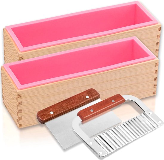 Mallen kit met snijders - 44 oz flexibele siliconen brood zeepvorm met houten doos, roestvrij staal golvende en rechte schraper voor zelfgemaakte ambachtelijke zeep