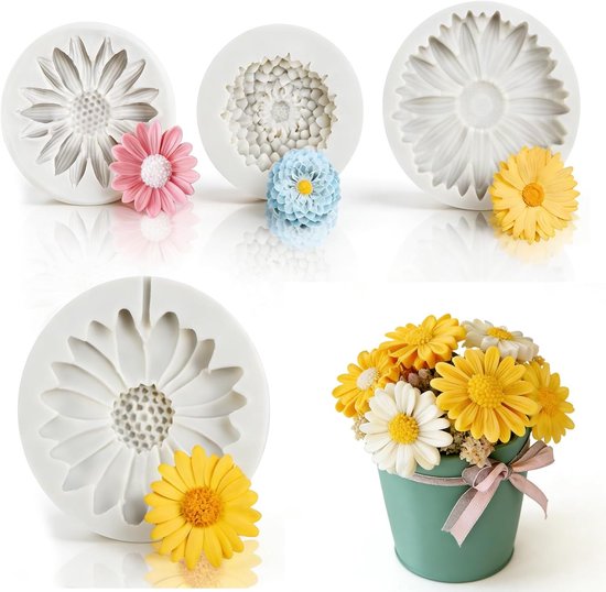 Mallen om te Gieten, 4 Stuks Siliconen Mallen Bloemen,Madeliefjes Bloemen Mallen,Chrysanten Siliconen Mal,Geschikt voor Het Maken van Handgemaakte Zeep en Chocolade.