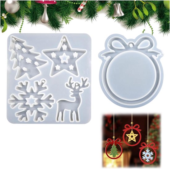 Mallen, set van 2, sneeuwvlok, eland, ster, kerstboomversiering, ideaal voor epoxygieten en doe-het-zelf knutselen, perfect voor hars kerstversieringen