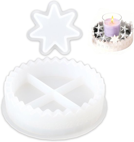 Mallenset voor kerstversiering – Adventskalender siliconen mal (cijfers 1-31) + stermal, zelfgemaakte kaarsenhouders & kerstversiering voor epoxyhars, gips & zeep