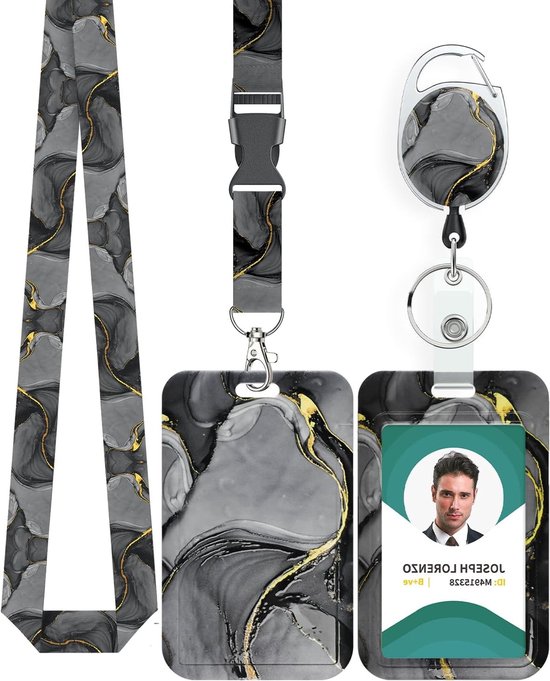 Marmer Design Badgehouder met Retractable Reel en Afneembare Lanyard voor Kantoorwerkers - Zwartgrijs Kaartbeschermer met Carabiner van Merkloos