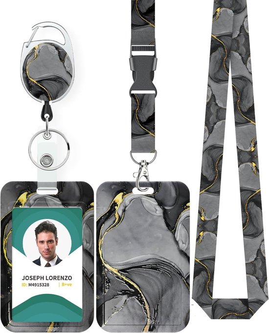 Marmer Patroon Badgehouder met Retractable Reel en Afneembare Lanyard voor Kantoorprofessionals - Verticale Kaartbeschermer in Zwartgrijs