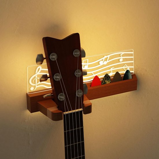 Mart Gloeiende gitaar muurbevestiging, muzieknoten ontwerp, pickhouder met warme gloed - USB-voeding, premium hout en acryl, voor akoestische elektrische bas ukelele viool, cadeau voor