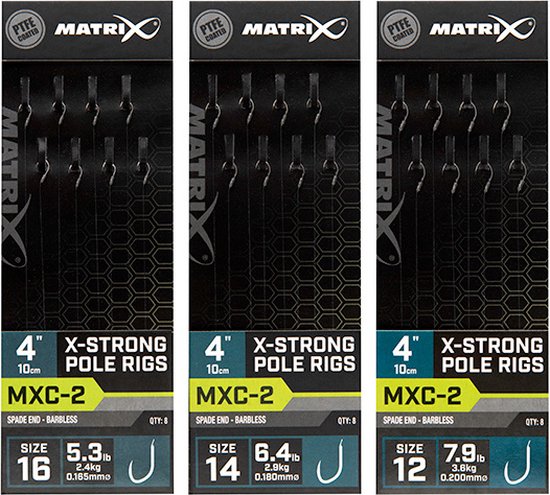 Matrix Onderlijn MXC-2 X-Strong Pole Rigs 10cm Spade End-Barbless (8 pcs) - Maat : Haak 16 - 0.165mm van Matrix