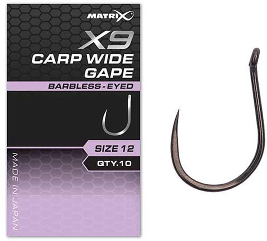 Matrix X9 Carp Wide Gape Eyed-Barbless (10 pcs) - Maat : 10