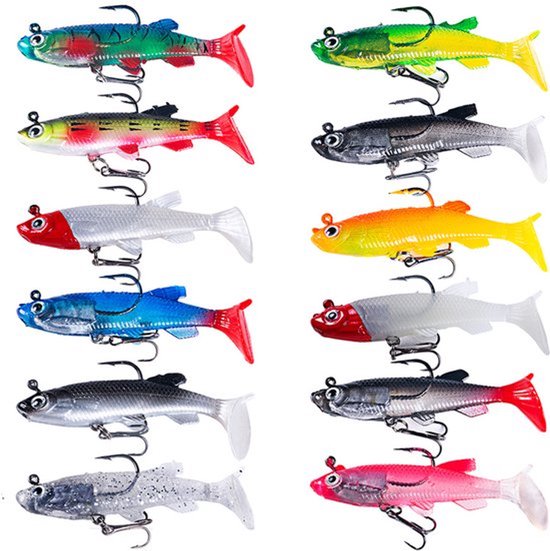 MDUG 12 Soft Bait - Gekleurd - Geschikt voor roofvissen, waaronder barracuda's - Zacht kunstaas met drie haken, T-staart - Geschikt voor zoet- en zoutwatervissen - Doelvissen zijn onder andere forel, barracuda en baars van Merkloos