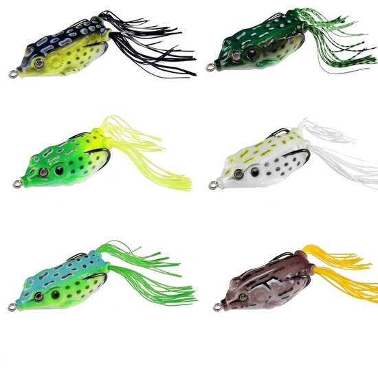 Meerkleurig kikker kunstaas 6 stuks – drijvend soft bait 5,5 cm 11 g met dubbele haak en flexibele staart – kikker aas voor roofvissen zoetwater oppervlakte vissen en hengelsport