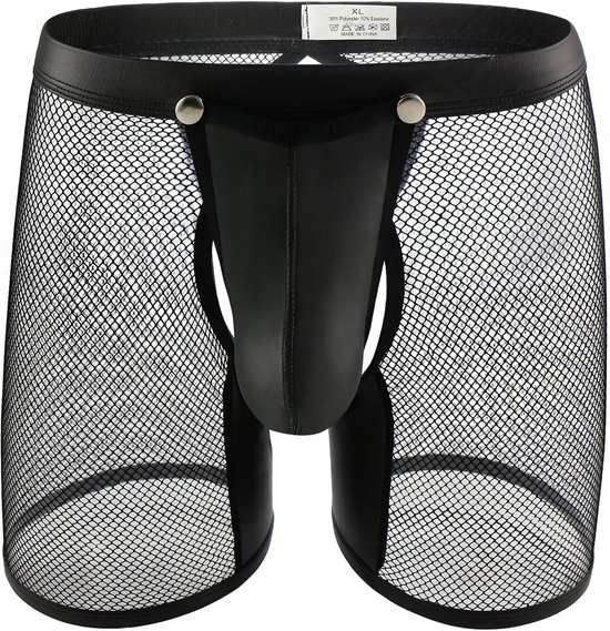 Men's See Through Sexy Mesh With Faux Leather Loose Shorts Pants Erotic Clubwear Button Removable Pouch(A4-50Hei,M)