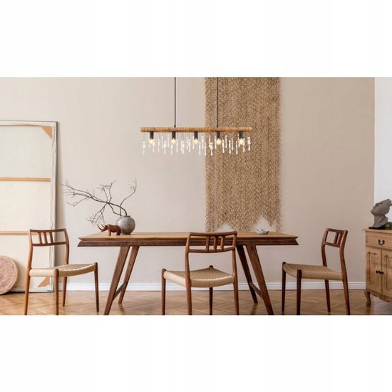 Merkloze hanglamp KIRA met kristallen en houtlook, 5xE14