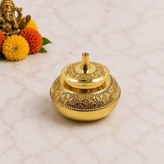 Messing Box Pooja|Puja|Roli|Chawal|Chandan|Haldi|Kumkum Puja Box|Sindoor|Kurkuma|Dabbi|Dibbi|Dhani|Dani houder met deksel| sindoor pot - Kumkum-Pot